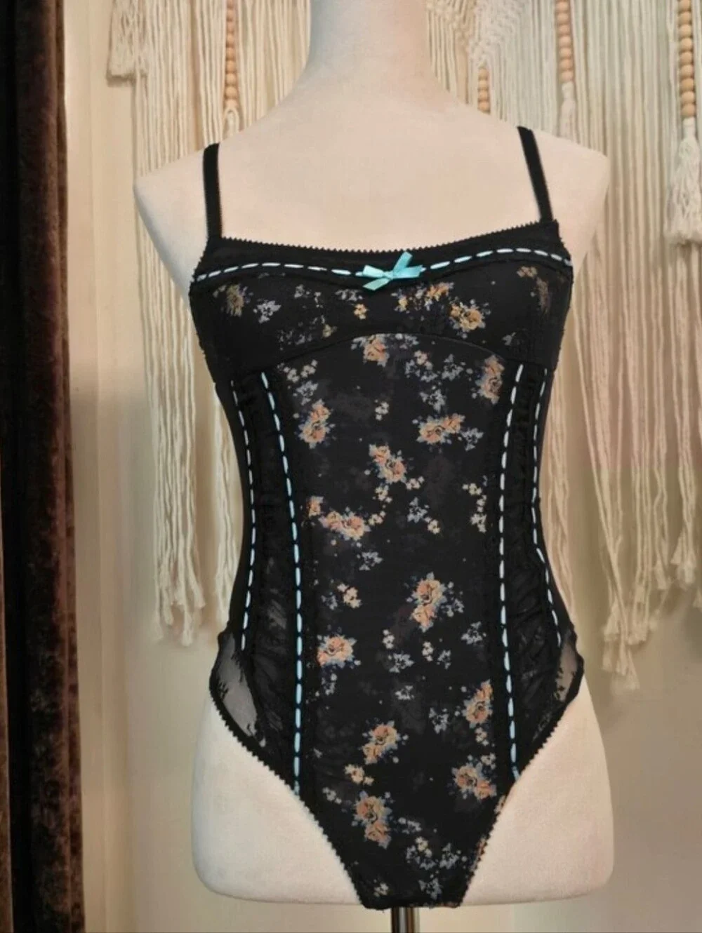 Free People Black Floral Lace Bodysuit with Blue Trim